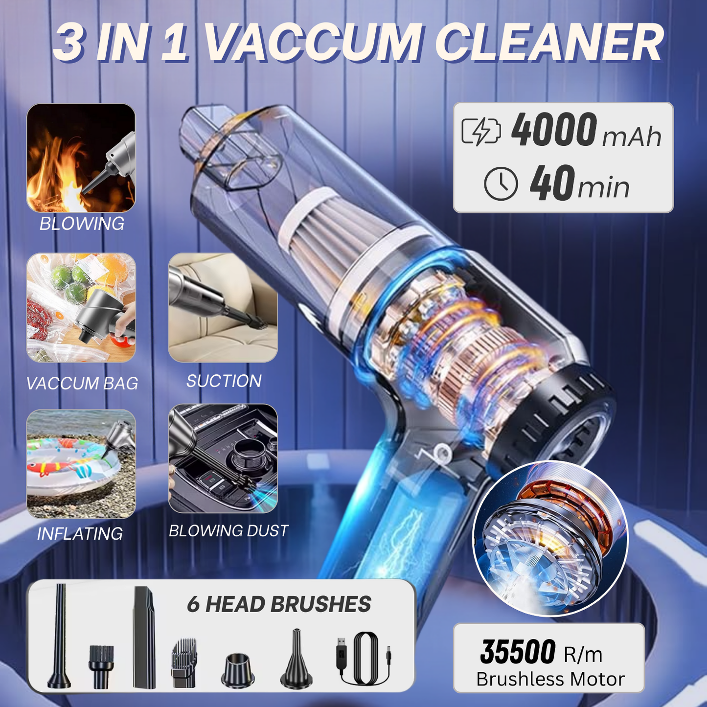 3 in 1 Car Vacuum Cleaner Wireless Strong